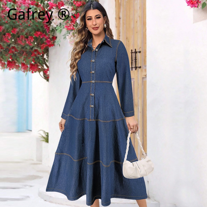 Vintage Fashion Jeans - Neues Modisches Denim-Jeanshemdkleid Langarm Reverskragen Taillengürtel