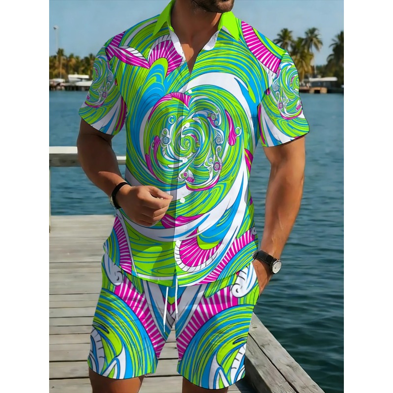 Printed Floral Shirt - Herren-Sommerhemd-Set mit Texturfreiem Wirbel-Print, Buntem Blumenmuster,
