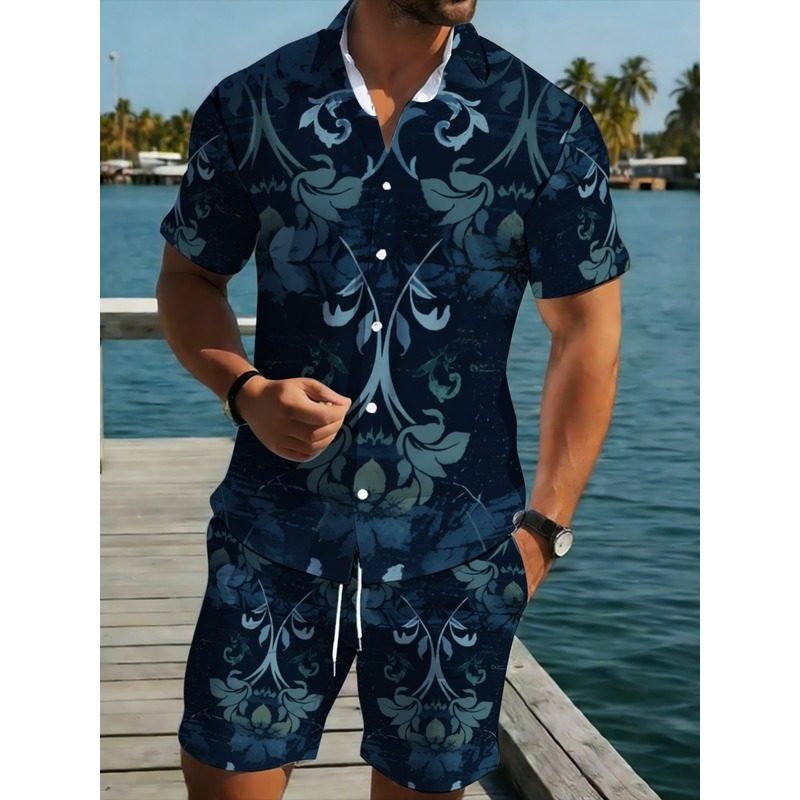 Printed Floral Shirt - Marineblau Blumenmuster Herren Kurzarm-Hemd & Shorts