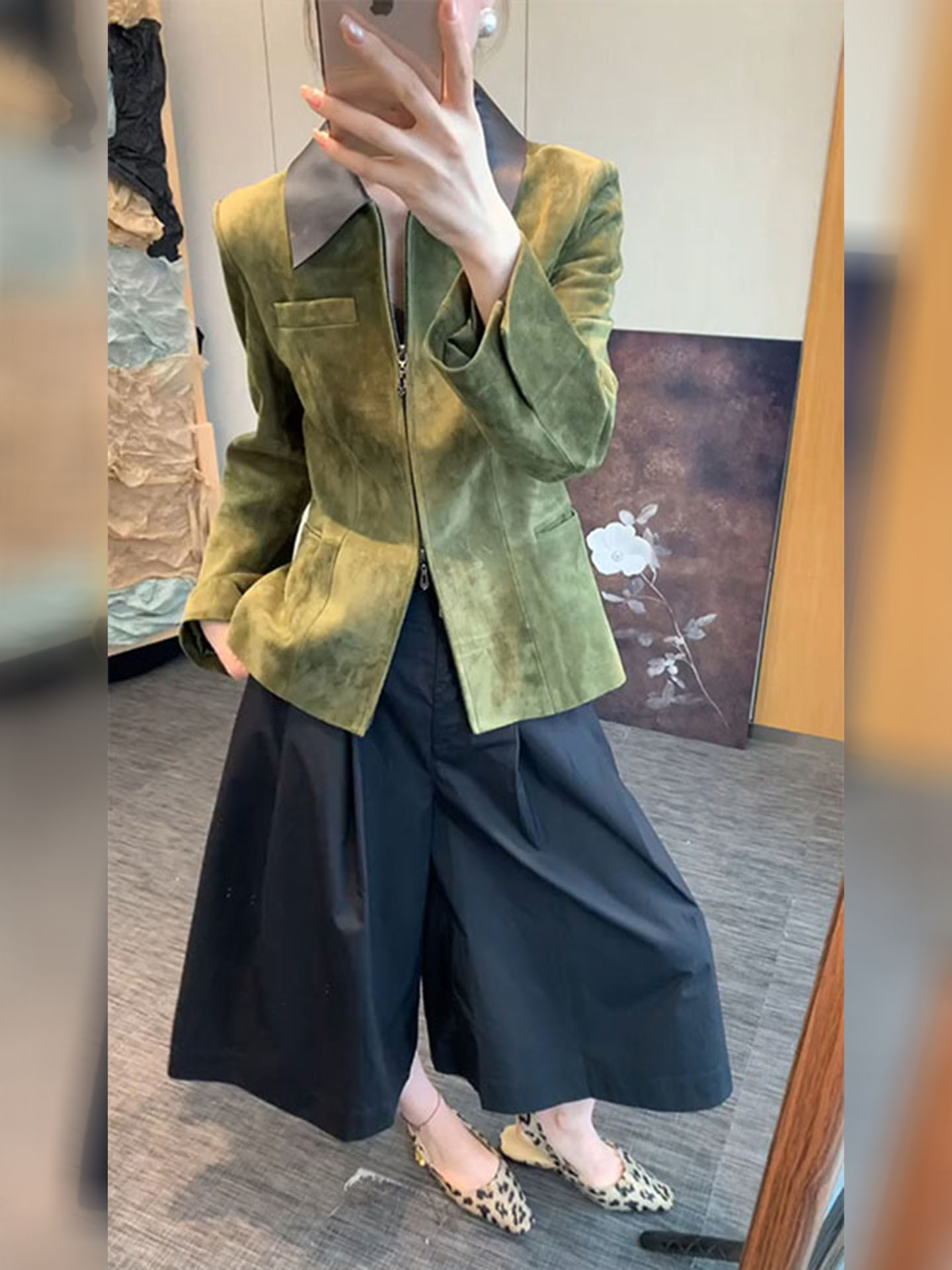 Retro Vintage Korean Fashion - Retro-Stil Grüne Wildlederjacke Damenmode Koreanisches A-Linien-Taillendesign