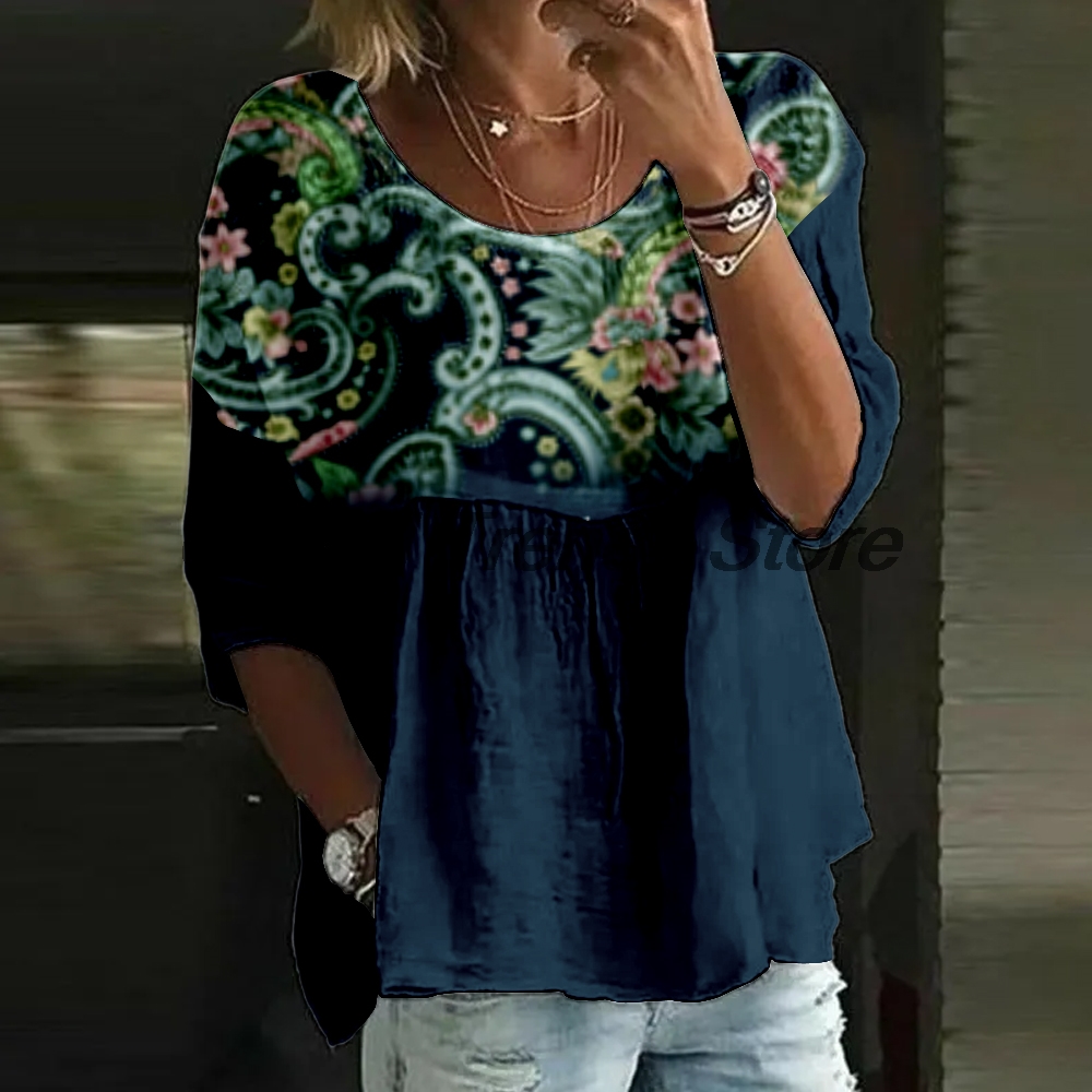 Printed Floral Shirt - Damen-Bluse mit lässigem Blumenmuster, 3/4-Ärmeln, lockerer