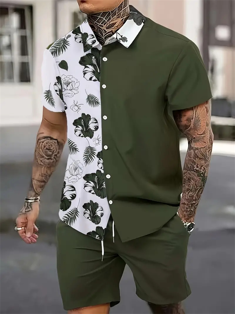 Printed Floral Shirt - Herren-Modeanzug mit Kragen, 3D-Blumendruck-Hemd, Kurzarm, Lässige
