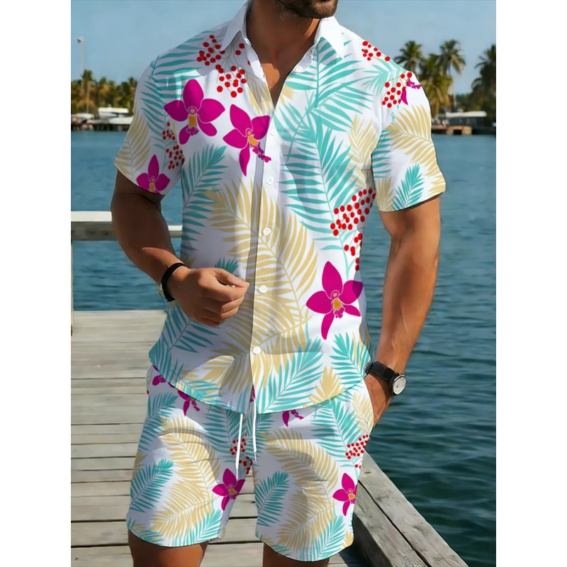 Printed Floral Shirt - Herren-Set mit Tropischem Blumenmuster: Kurzarm-Hemd und
