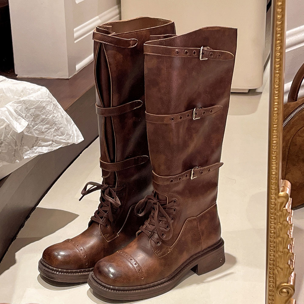 Vintage Fashion Designer - Frauen Kniehohe Stiefel Vintage Gürtel Schnalle