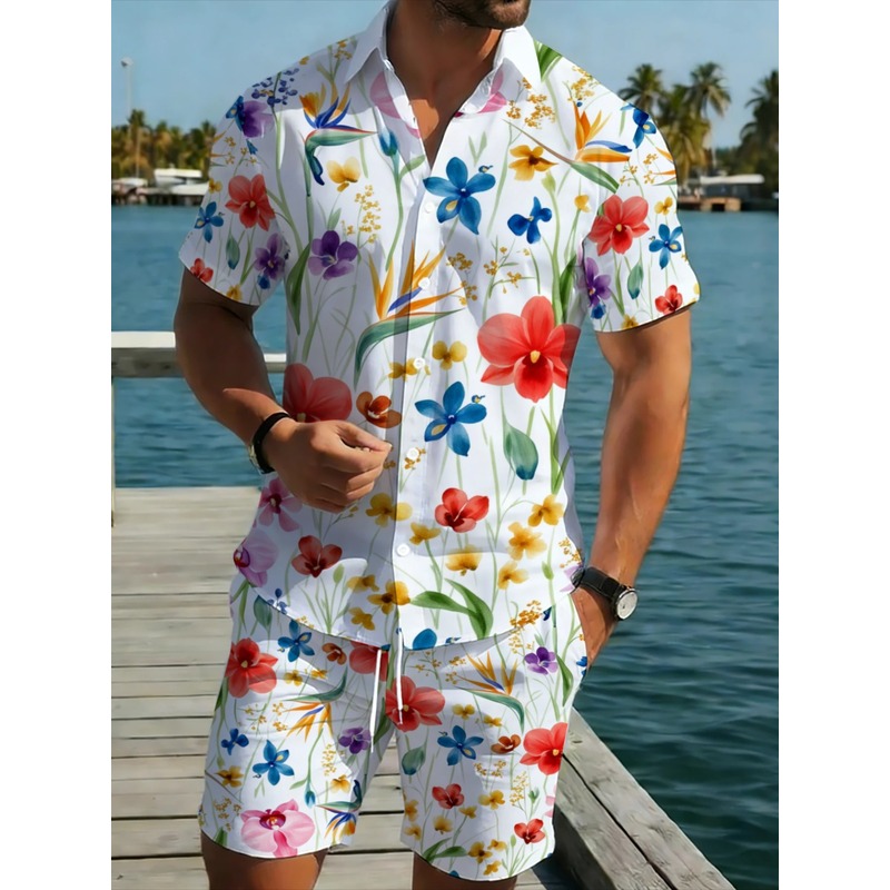 Printed Floral Shirt - Herren Sommer Blumendruck Kurzarm-Hemd Lange Hose