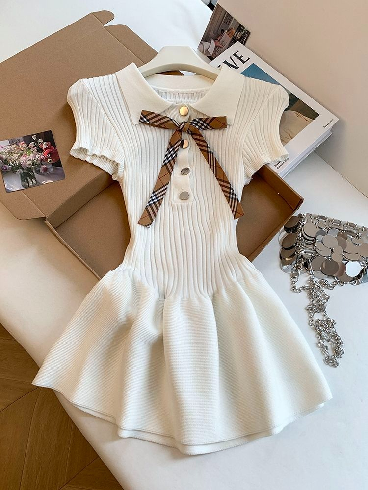 Retro Vintage Korean Fashion - Y2k Vintage Kurzarm-Kleid Bodycon Schleife Patchwork