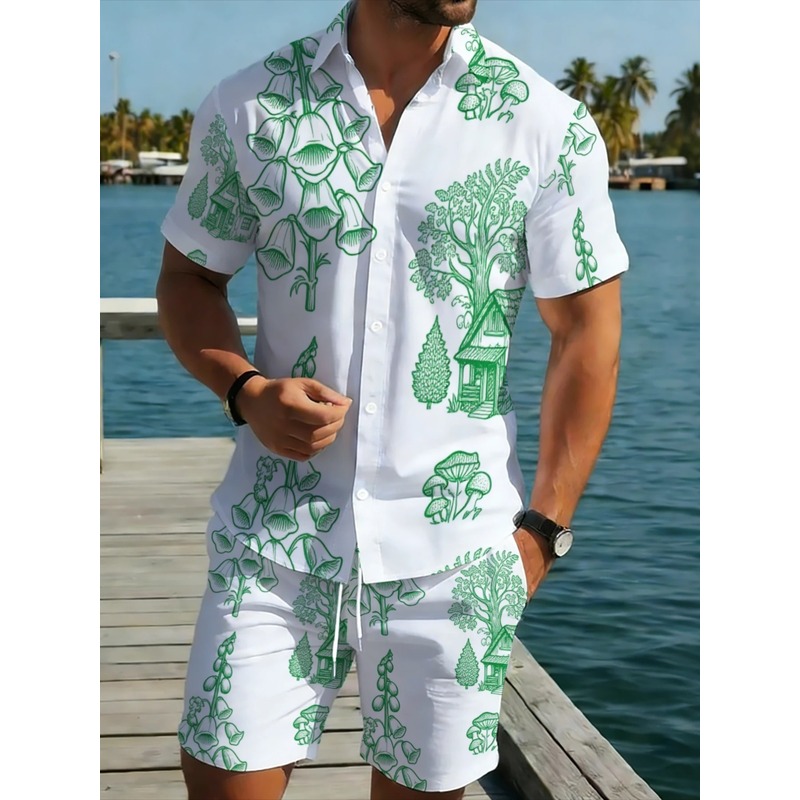 Printed Floral Shirt - Herren Leichtgewicht Polyester Strand-Urlaubsset Weiß-Grün Blumenmuster