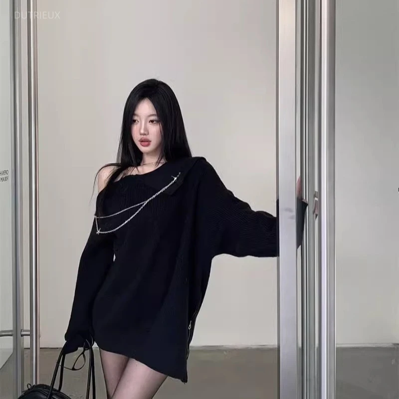 Retro Vintage Korean Fashion - Y2k Lange Pullover mit Ketten Vintage