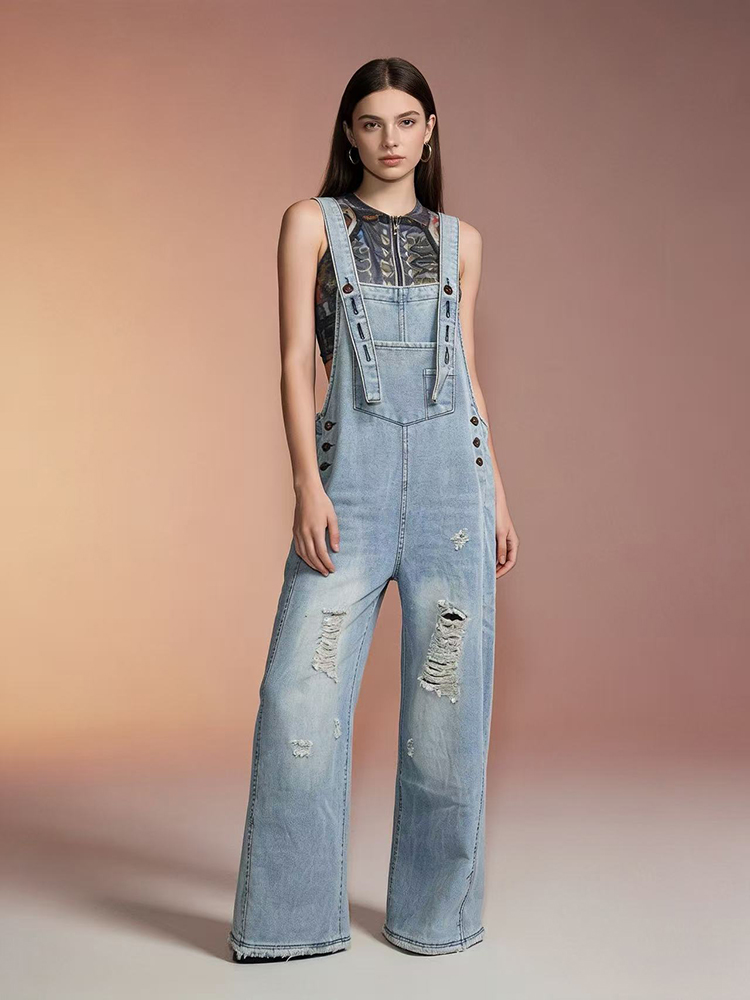 Vintage Fashion Jeans - Modische Retro-Jeans-Latzhose mit Rissen für Damen,