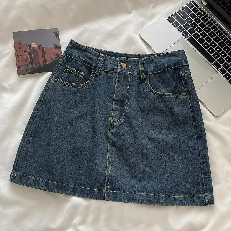 Usa Vintage Fashion - Y2K Denim-Rock-Set: Vintage Japanischer Stil Knopfjacke