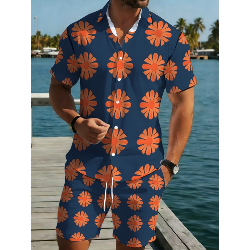 Printed Floral Shirt - Herren-Set aus Kurzarmhemd und Shorts, marineblau,