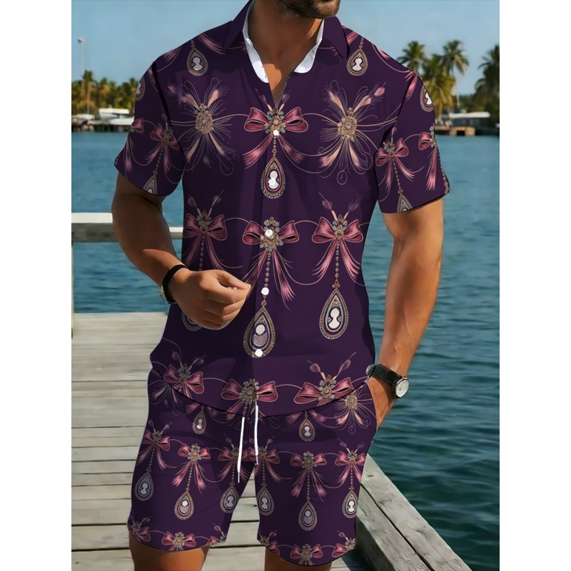 Printed Floral Shirt - Herren Lila Blumenmuster Polyester Kurzarm-Hemd &