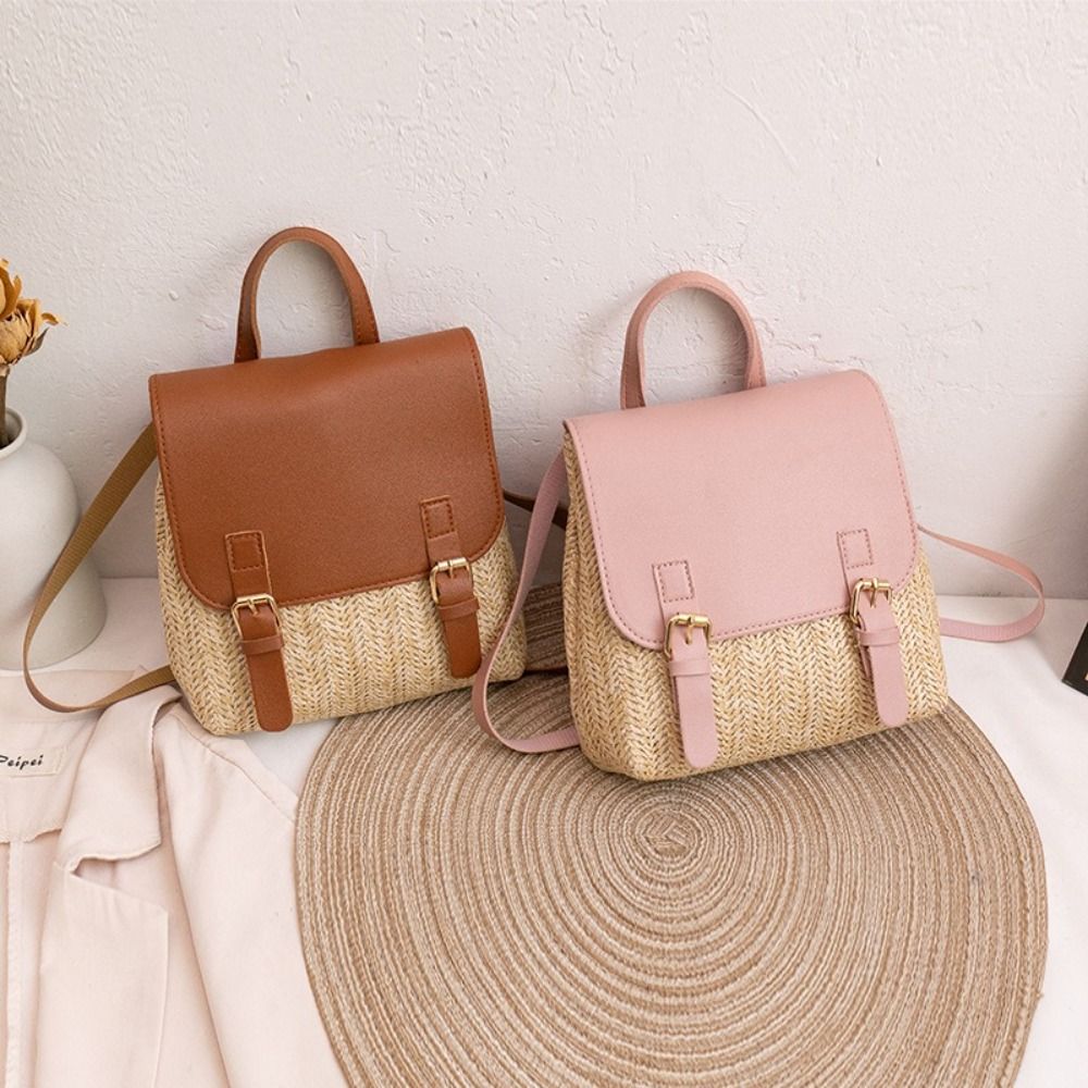 Vintage Fashion Look - Modischer PU-Leder Stroh-Rucksack Retro-Design Vintage-Stil Geflochtener