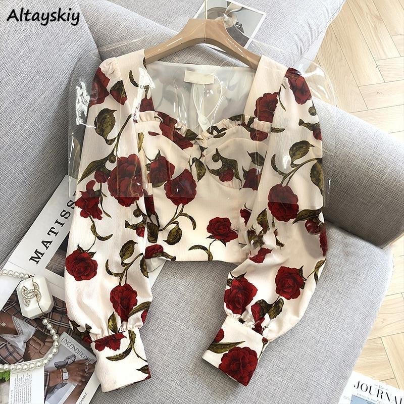 Retro Vintage Korean Fashion - S-3XL Rose Blusen für Frauen Sexy
