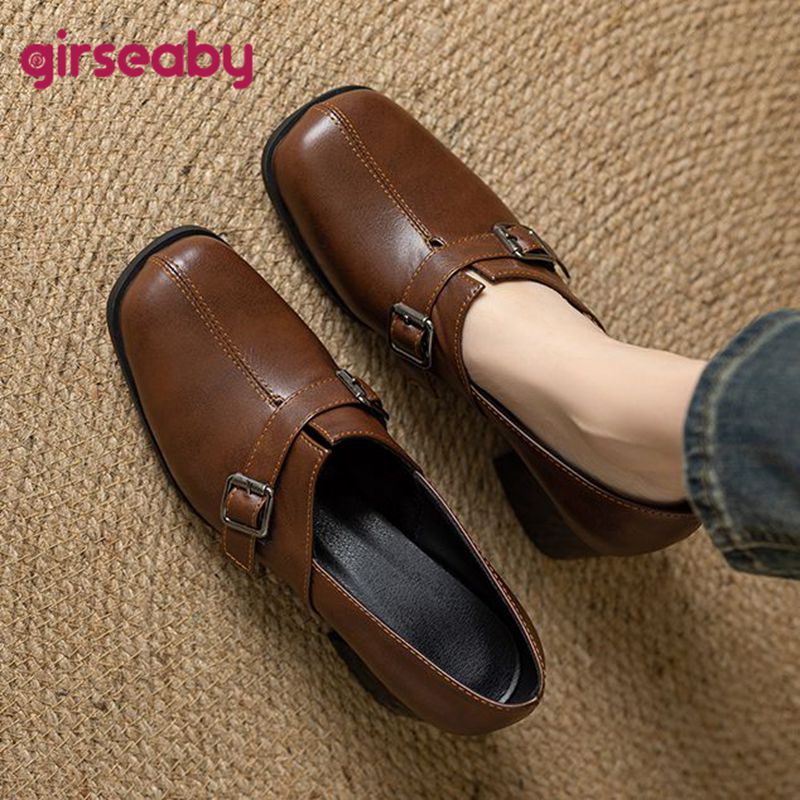 Vintage Fashion Designer - Girseaby Vintage-Damen-Pumps, quadratische Zehenpartie, Blockabsätze, Slip-On-Gürtelschnalle,