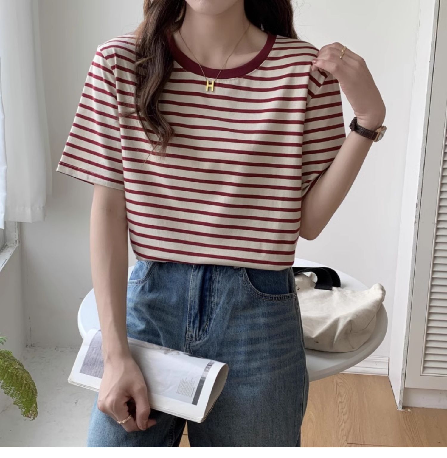 Vintage Gestreiftes T-Shirt Da – Retro Vintage Korean Fashion Bewertung und Preis